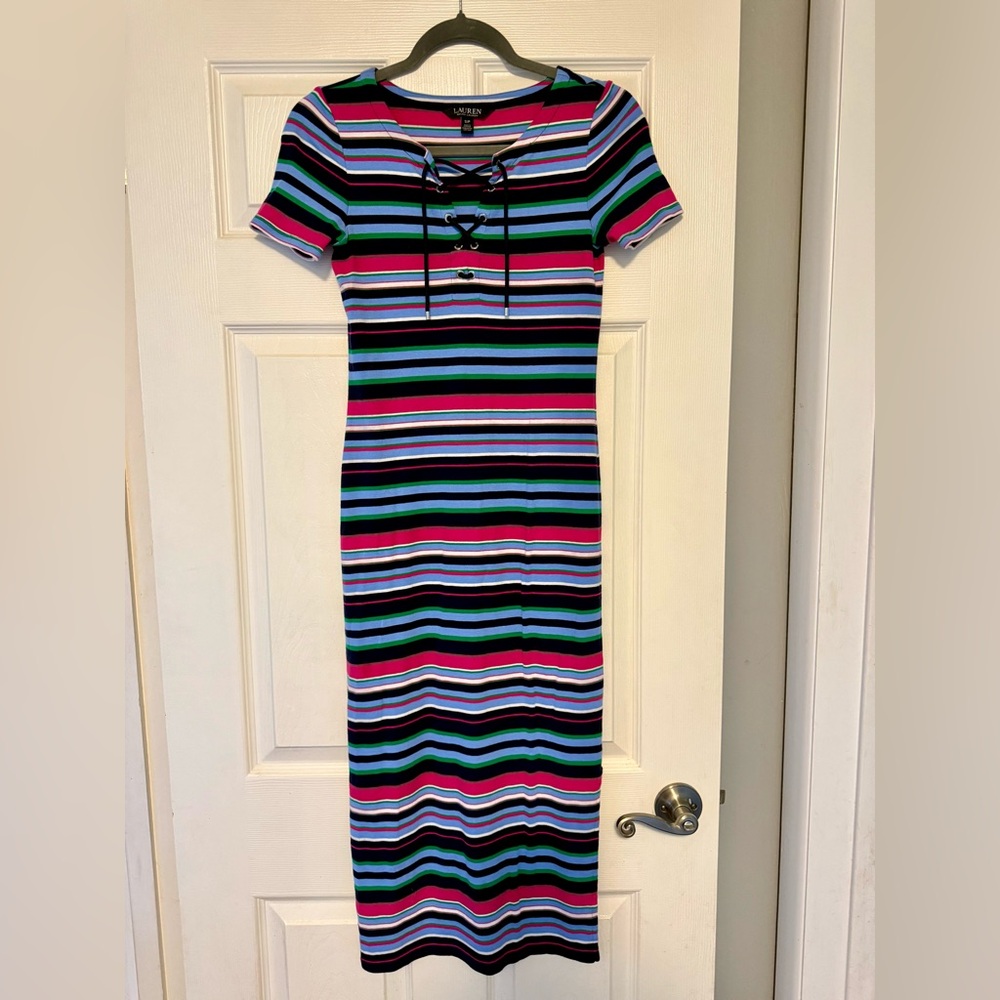 Ralph Lauren Striped Lace-Up Midi Dress in Black, Pink & Blue
